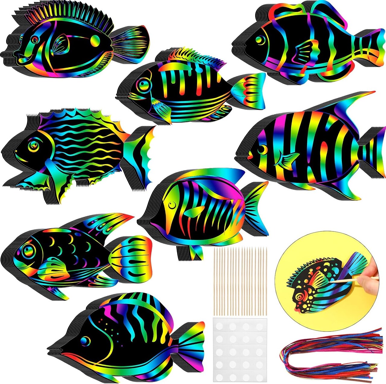 “80-Piece Tropical Fish Scratch Card Kit for Kids – Rainbow Ocean Fish Paper Crafts with Wooden Stick and Ribbon, Sea Animal Ornaments for Under the Sea Party Favors, Summer DIY Party Supplies